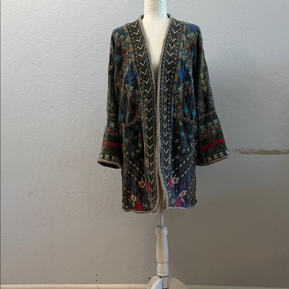 Johnny Was Dark Gray Embroidered Open Cardigan with Multicolor Accents